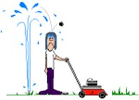 man being sprayed by sprinkler whilst mowing lawn