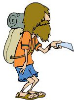 cartoon bearded man with backpack,  reading map