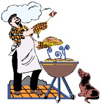 man cooking at a barbecue with dog watching