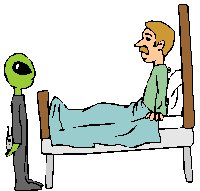 man in bed with alien at the foot