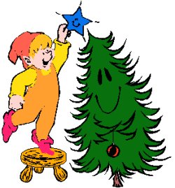 elf putting star on top of christmas tree
