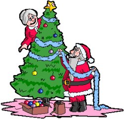 elderly lady and Father Christmas decorating tree