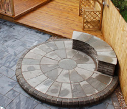 garden seating made from wood and paving stones