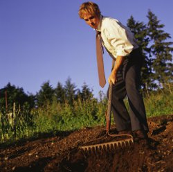 man raking a patch of earth in an overgrown garden