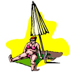 lady in bikini sitting on beach towel under closed parasol