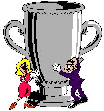 a man and lady holding a very large trophy
