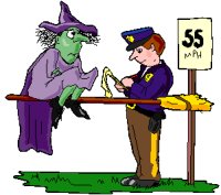 policeman arresting a witch on a broom stick