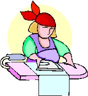 cartoon lady ironing wearing a bandanna 