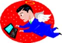 cartoon of man with wings working on computer