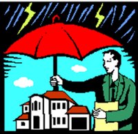 man holding umbrella over house