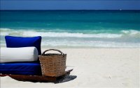picnic basket in shade on white sandy beach