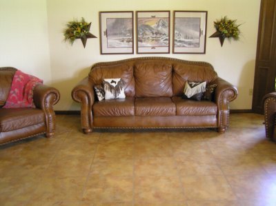 brown sofas on painted concrete floor