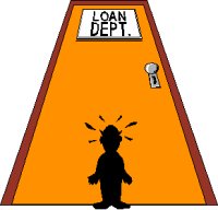 tiny man in front of large door with Loan Dept on door