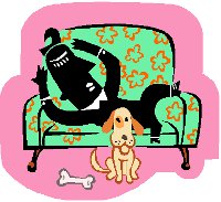 man sitting on sofa with a dog and bone