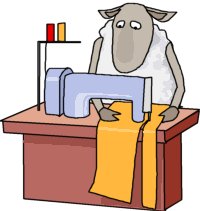 cartoon of a sheep using a sewing machine