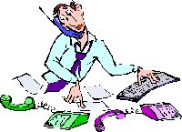 cartoon of man on multiple telephones and using a keyboard